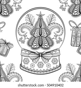 Hand drawn  Seamless pattern of Decorative Snow Globe and Gift Boxes. Vector illustration in zentangle style. Sketch for wallpaper, pattern fills, New Year posters and greeting cards