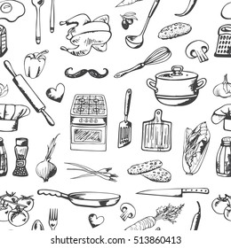 Diseño a mano sin fisuras con iconos decorativos de cocina. Antecedentes vectoriales con utensilios de cocina, verduras, fogones, productos, utensilios de cocina. Elementos de doodle.