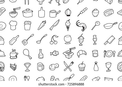 Hand drawn seamless pattern with decorative kitchen equipment isolated. Vector sketch background surface textures illustration used for wallpaper