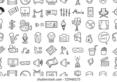 Hand drawn seamless pattern with decorative movie isolated. Vector sketch background surface textures illustration used for wallpaper