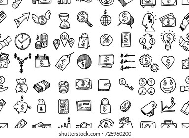 Hand drawn seamless pattern with decorative business isolated. Vector sketch background black and white surface textures illustration used for wallpaper