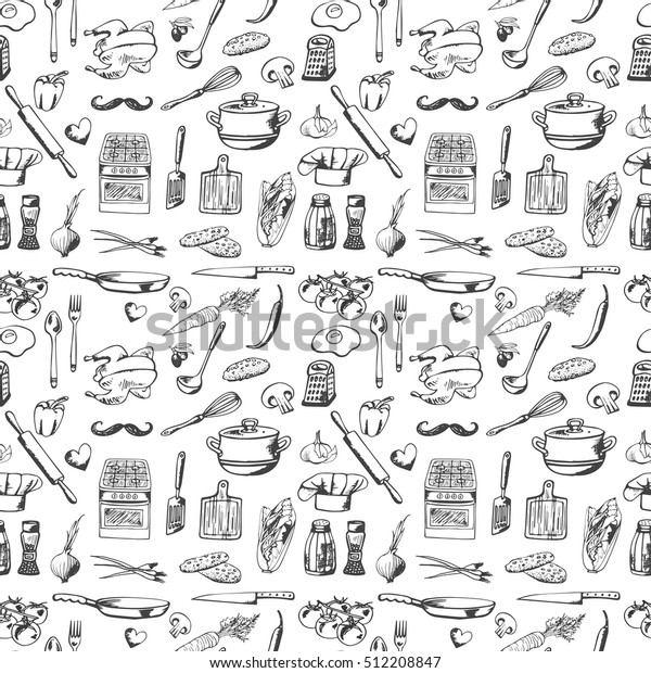 Hand drawn\
seamless pattern with decorative cooking icons. Vector sketch\
background with kitchen utensils,  vegetables, cooking hob,\
products, kitchenware. Doodle\
elements.