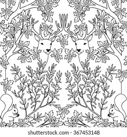 Hand drawn seamless pattern with deer and squirrel, black and white