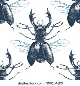 Hand drawn seamless pattern with deer beetle