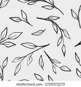 Hand drawn seamless pattern with delicate black branches with elongated leaves. Ideal for nature-inspired designs. Vector sketch illustration in vintage doodle crayon charcoal style