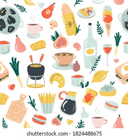 Hand drawn seamless pattern with delicious French food. Vector illustration for textile, cooking garments, banners and other purposes