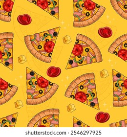 Hand drawn seamless pattern of delicious pizza slice with portion of cheese and organic tomatoes 