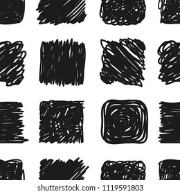 Hand drawn seamless pattern for design use. Black Vector doodle squares on white background.  Abstract pencil drawing. Artistic illustration grunge elements