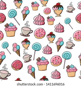 Hand drawn seamless pattern with desserts and sweets