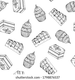 Hand drawn seamless pattern with desserts. Biscuits, cupcake, biscuit cookies. It can be used for fabric, wedding, birthday, postcard.