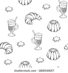 Hand drawn seamless pattern with desserts. Biscuits, cupcake, biscuit cookies. It can be used for fabric, wedding, birthday, postcard.