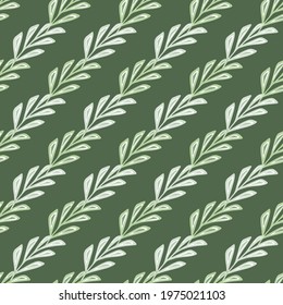 Hand drawn seamless pattern with diagonal foliage stylized elements print. Green olive background. Designed for fabric design, textile print, wrapping, cover. Vector illustration.
