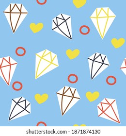Hand drawn seamless pattern of diamond. Cute and fun flat illustration. Childish design.
