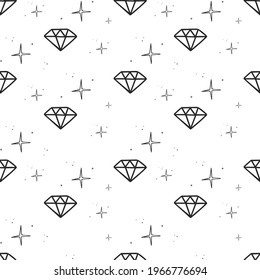 Hand drawn seamless pattern with diamonds and sparkles. Vector illustration