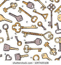 Hand drawn seamless pattern of different antique key with decorative ornamental elements. Doodle sketch style vector illustration. Old vintage key elements for background, wallpaper, textule design.