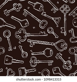 Hand drawn seamless pattern of different antique key with decorative ornamental elements. Doodle sketch style vector illustration. Old vintage key elements for background, wallpaper, textule design.