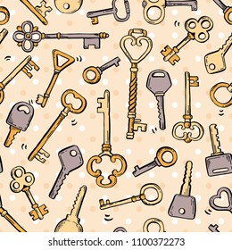 Hand drawn seamless pattern of different antique key with decorative ornamental elements. Doodle sketch style vector illustration. Old vintage key elements for background, wallpaper, textule design.