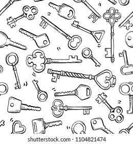 Hand drawn seamless pattern of different antique key with decorative ornamental elements. Doodle sketch style vector illustration. Old vintage key elements for background, wallpaper, textule design.