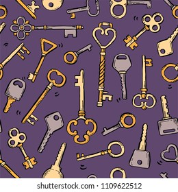 Hand drawn seamless pattern of different antique key with decorative ornamental elements. Doodle sketch style vector illustration. Old vintage key elements for background, wallpaper, textule design.