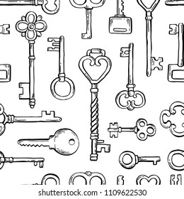 Hand drawn seamless pattern of different antique key with decorative ornamental elements. Doodle sketch style vector illustration. Old vintage key elements for background, wallpaper, textule design.