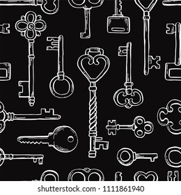 Hand drawn seamless pattern of different antique key with decorative ornamental elements. Doodle sketch style vector illustration. Old vintage key elements for background, wallpaper, textule design.