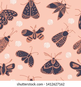Hand drawn seamless pattern with different cute moths on pink background. Concept for paper design, postcard, textile for kids, prints.
