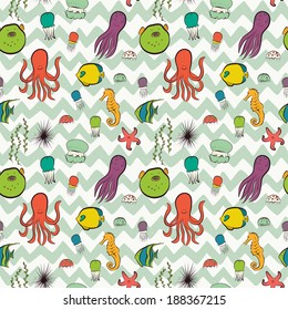 Hand drawn seamless pattern with different sea dwellers. Funny cartoon fish, octopus, jellyfish, starfish, seaweeds, sea hedgehog, sea horse on chevron background.