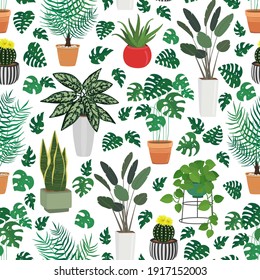 Hand drawn seamless pattern of different green plants in pots. Home greenery decor, cozy plant, botanical leaves. Spring floral set illustration for design card, invitation, wallpaper, wrapping paper