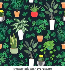 Hand drawn seamless pattern of different green plants in pots. Home greenery decor, cozy plant, botanical leaves. Spring floral set illustration for design card, invitation, wallpaper, wrapping paper