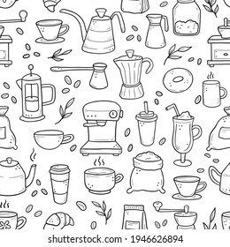 Hand drawn seamless pattern of different types coffee cup, mug, pot, coffee machine. Doodle sketch style. Isolated vector illustration for coffee shop, cafe wallpaper, background, textile design.