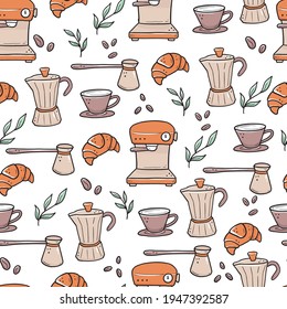 Hand drawn seamless pattern of different types coffee cup, mug, pot, coffee machine. Doodle sketch style. Isolated vector illustration for coffee shop, cafe wallpaper, background, textile design.
