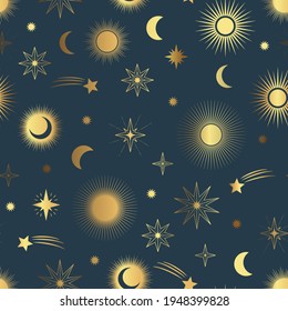 Hand drawn seamless pattern of different gold sun, moon, stars. Celestial space vector. Magic space galaxy constellation sketch illustration for greeting card, invitation, wallpaper, wrapping paper