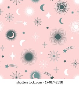 Hand drawn seamless pattern of different sun, moon, stars. Celestial space vector. Magic space galaxy constellation sketch illustration for greeting card, invitation, wallpaper, wrapping paper, fabric