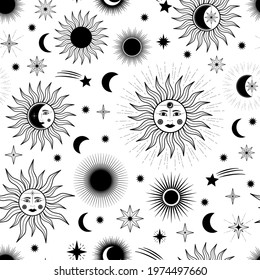 Hand drawn seamless pattern of different sun, moon, stars. Celestial space vector. Magic space galaxy constellation sketch illustration for greeting card, invitation, wallpaper, wrapping paper, fabric