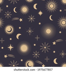 Hand drawn seamless pattern of different sun, moon, stars. Celestial space vector. Magic space galaxy constellation sketch illustration for greeting card, invitation, wallpaper, wrapping paper, fabric