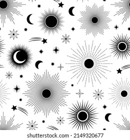 Hand drawn seamless pattern of different Sun, Moon, sunburst, stars. Celestial space vector. Magic space galaxy sketch illustration for greeting card, invitation, wallpaper, wrapping paper, fabric