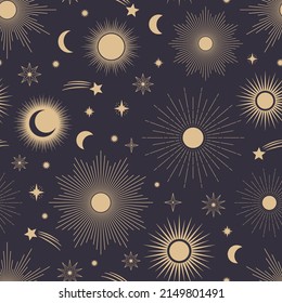 Hand drawn seamless pattern of different Sun, Moon, sunburst, stars. Celestial space vector. Magic space galaxy sketch illustration for greeting card, invitation, wallpaper, wrapping paper, fabric