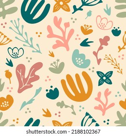 Hand drawn seamless pattern with different shapes of plants and bright colors. Tropical and underwater themed leaves and plants