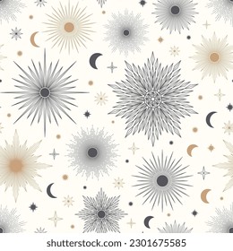 Hand drawn seamless pattern of different Sun, Moon, sunburst, stars. Celestial bursting sun rays vector. Magic space galaxy sketch illustration for greeting card, wallpaper, wrapping paper, fabric