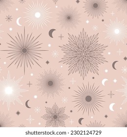 Hand drawn seamless pattern of different Sun, Moon, sunburst, stars. Celestial bursting sun rays vector. Magic space galaxy sketch illustration for greeting card, wallpaper, wrapping paper, fabric