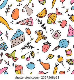 Hand drawn seamless pattern with different type of food and drinks. Doodle style. Healthy food. Vector illustration