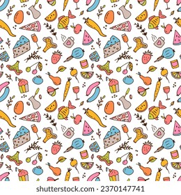 Hand drawn seamless pattern with different type of food and drinks. Doodle style. Healthy food. Vector illustration