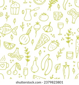 Hand drawn seamless pattern with different type of food and drinks. Doodle style. Healthy food. Vector illustration