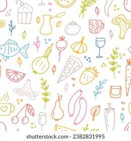 Hand drawn seamless pattern with different type of food and drinks. Doodle style. Healthy food. Vector illustration