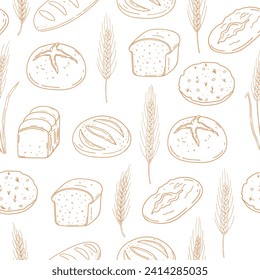 Hand drawn seamless pattern with different type of bread and wheat ears