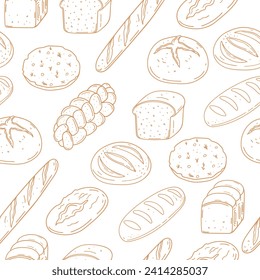 Hand drawn seamless pattern with different type of bread