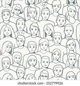 Hand Drawn Seamless Pattern. Different Group Of Young People