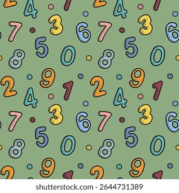 Hand drawn seamless pattern with different numbers 0 to 9 in doodle style. Vector wallpaper for back to school theme or mathematics and wrapping, wallpaper, banners.