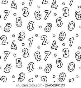 Hand drawn seamless pattern with different numbers 0 to 9 in doodle style. Vector wallpaper for back to school theme or mathematics and wrapping, wallpaper, banners.