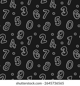 Padrão sem costura desenhado à mão com números diferentes de 0 a 9 no estilo doodle. Papel de parede vetor para voltar para o tema da escola ou matemática e envoltório, papel de parede, banners.